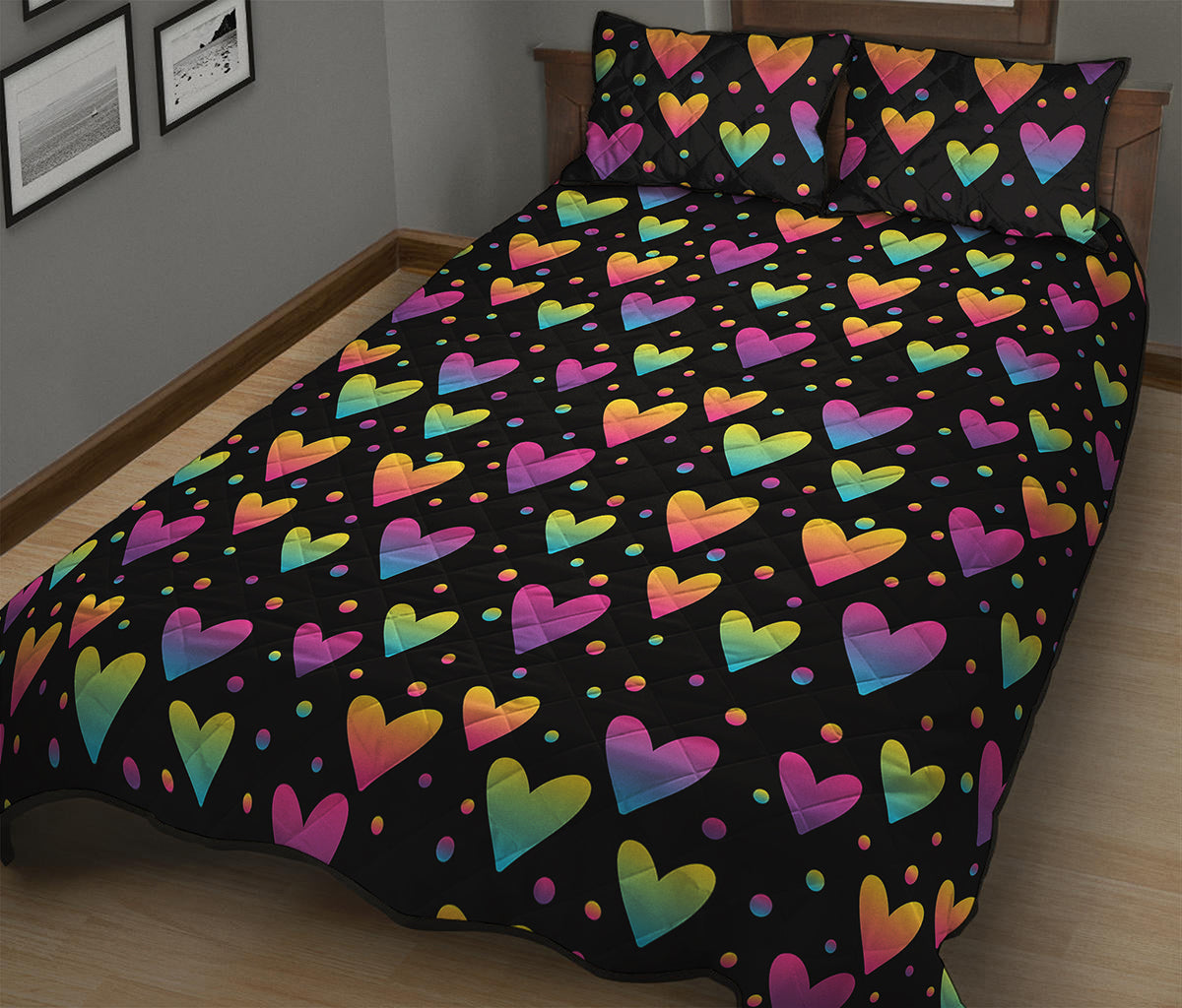 Colorful Heart Pattern Print Quilt Bed Set
