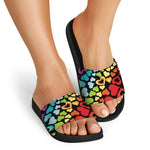 Colorful Heart Wave Pattern Print Black Slide Sandals