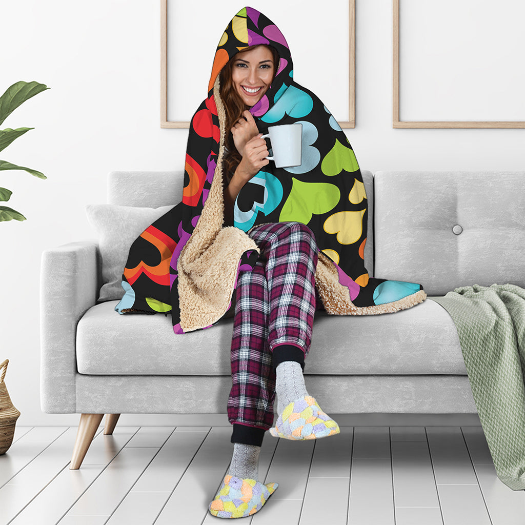 Colorful Heart Wave Pattern Print Hooded Blanket