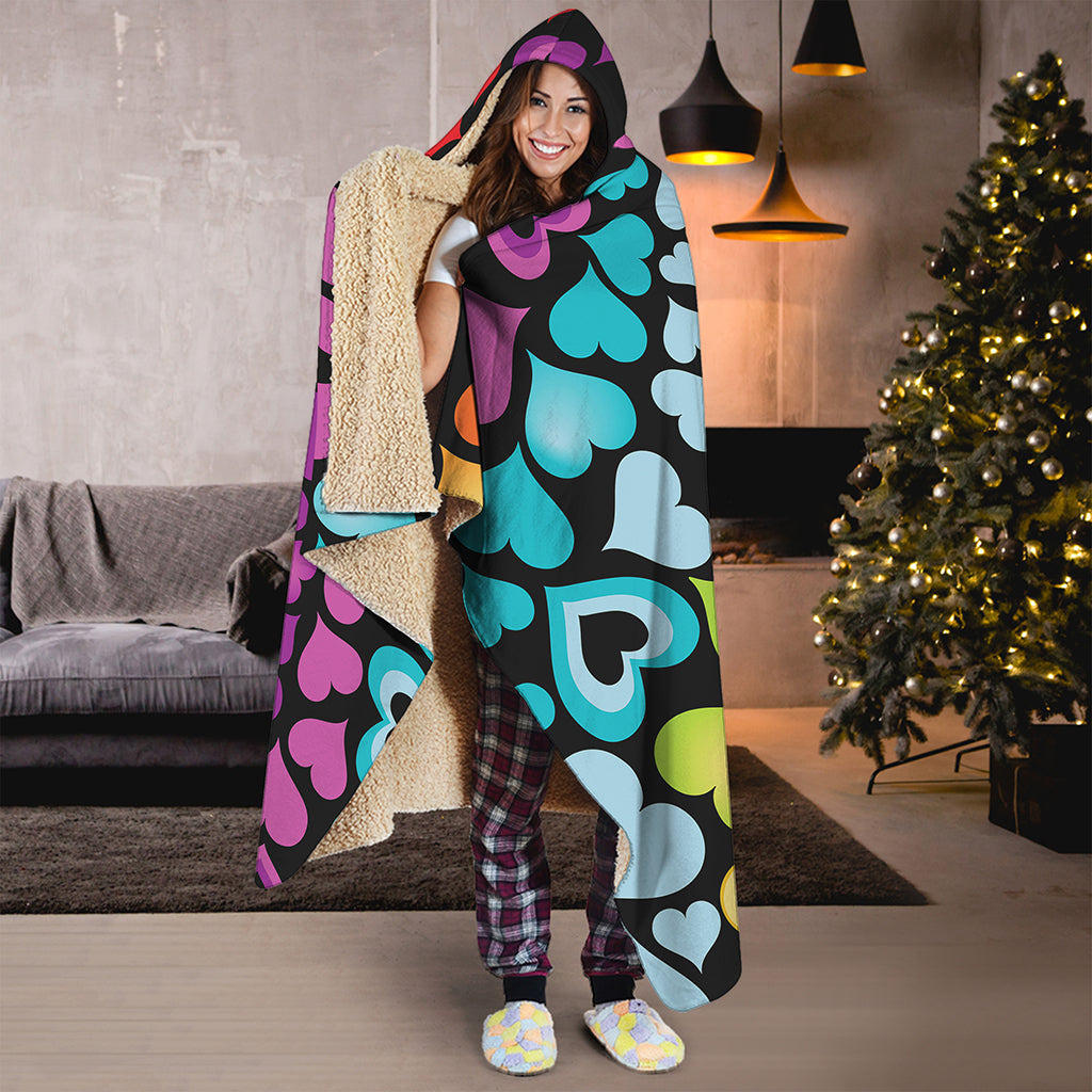 Colorful Heart Wave Pattern Print Hooded Blanket