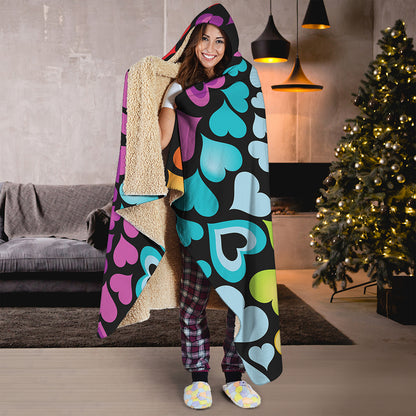 Colorful Heart Wave Pattern Print Hooded Blanket