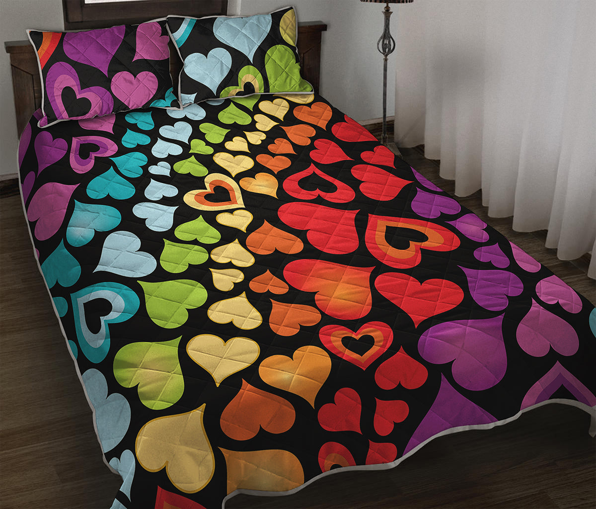 Colorful Heart Wave Pattern Print Quilt Bed Set