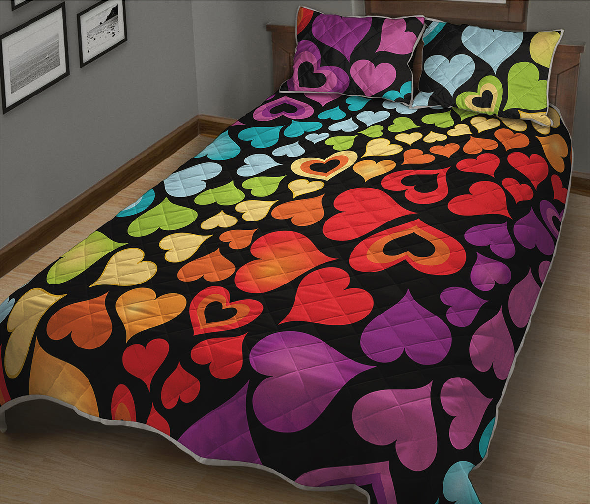 Colorful Heart Wave Pattern Print Quilt Bed Set