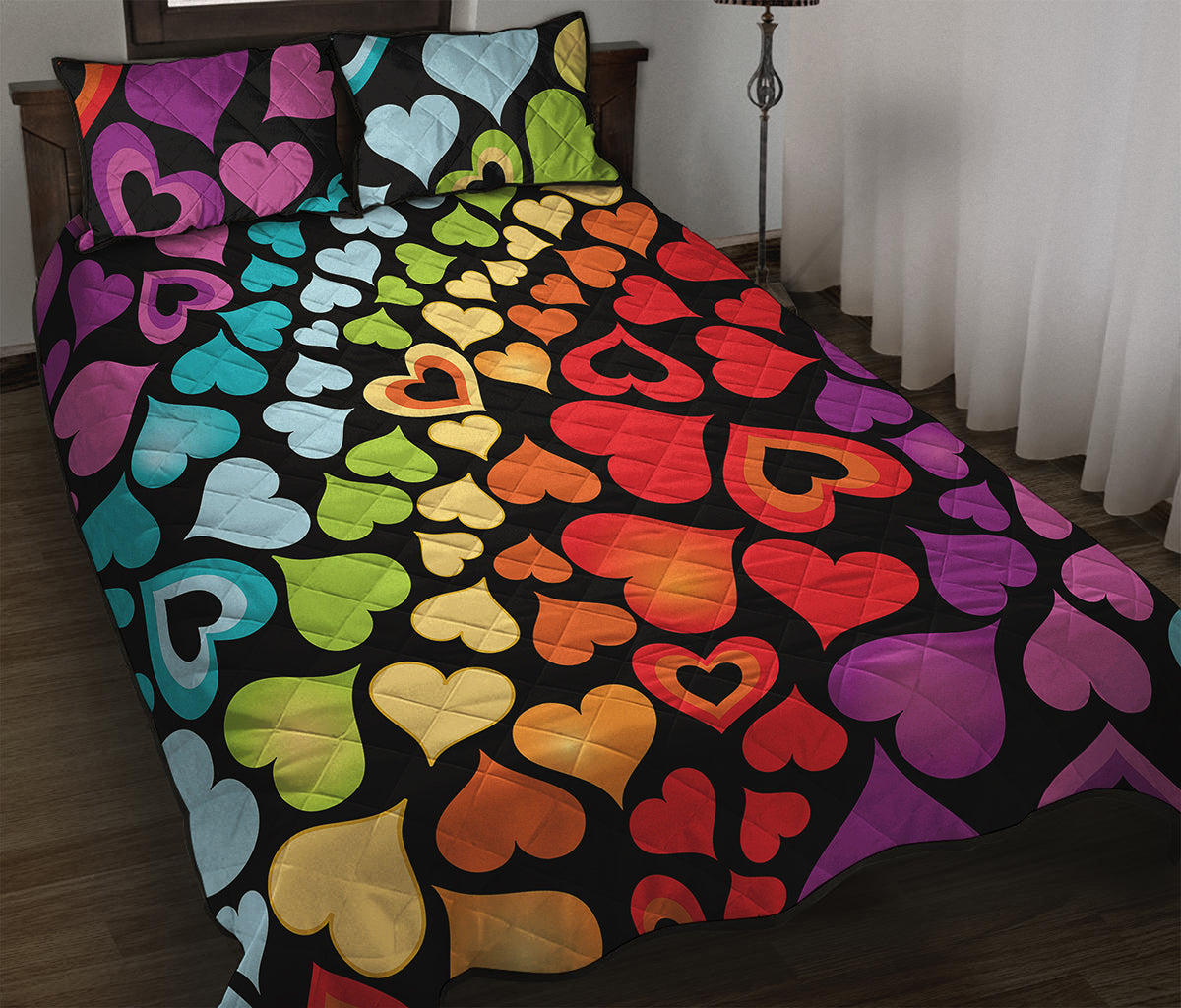 Colorful Heart Wave Pattern Print Quilt Bed Set
