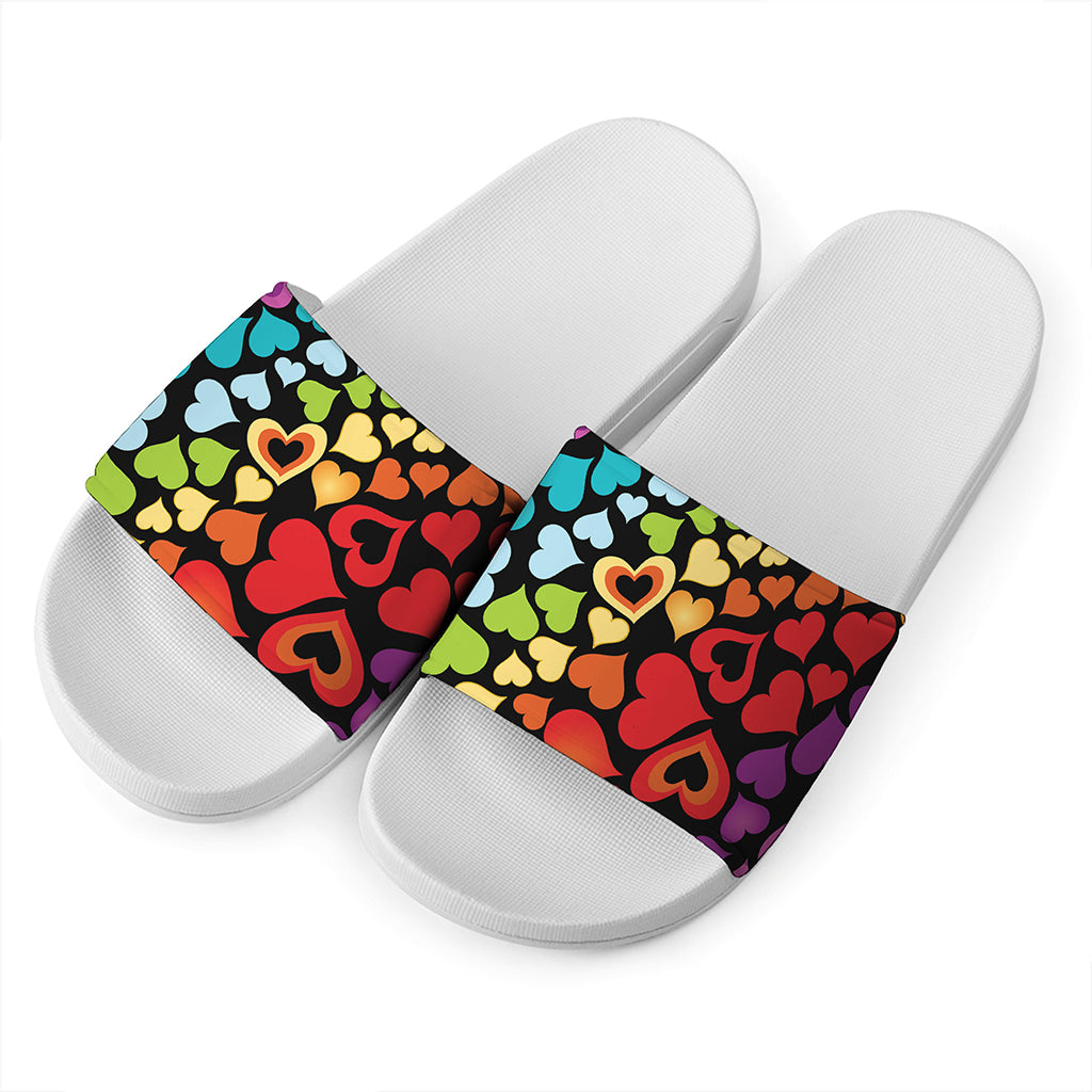 Colorful Heart Wave Pattern Print White Slide Sandals
