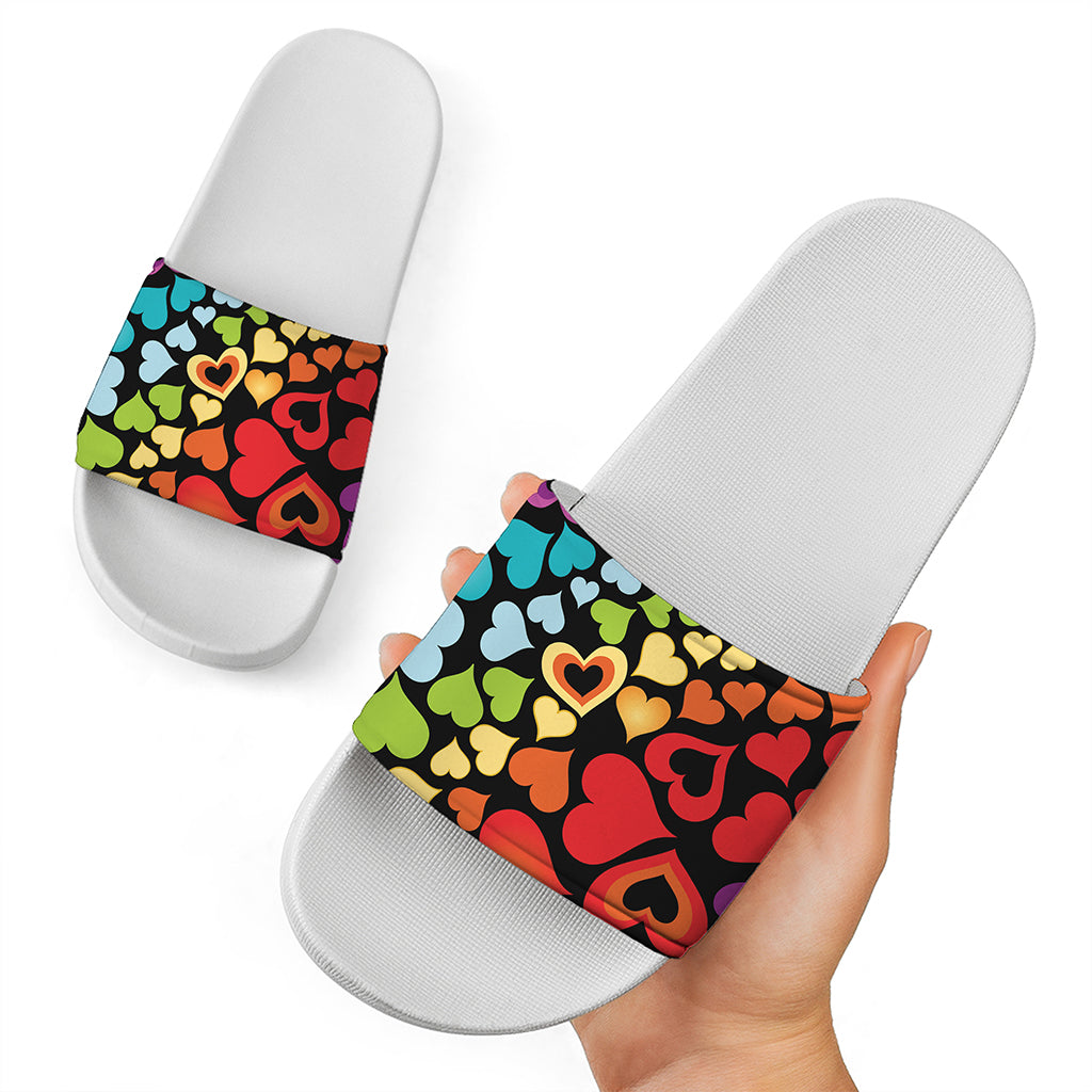 Colorful Heart Wave Pattern Print White Slide Sandals