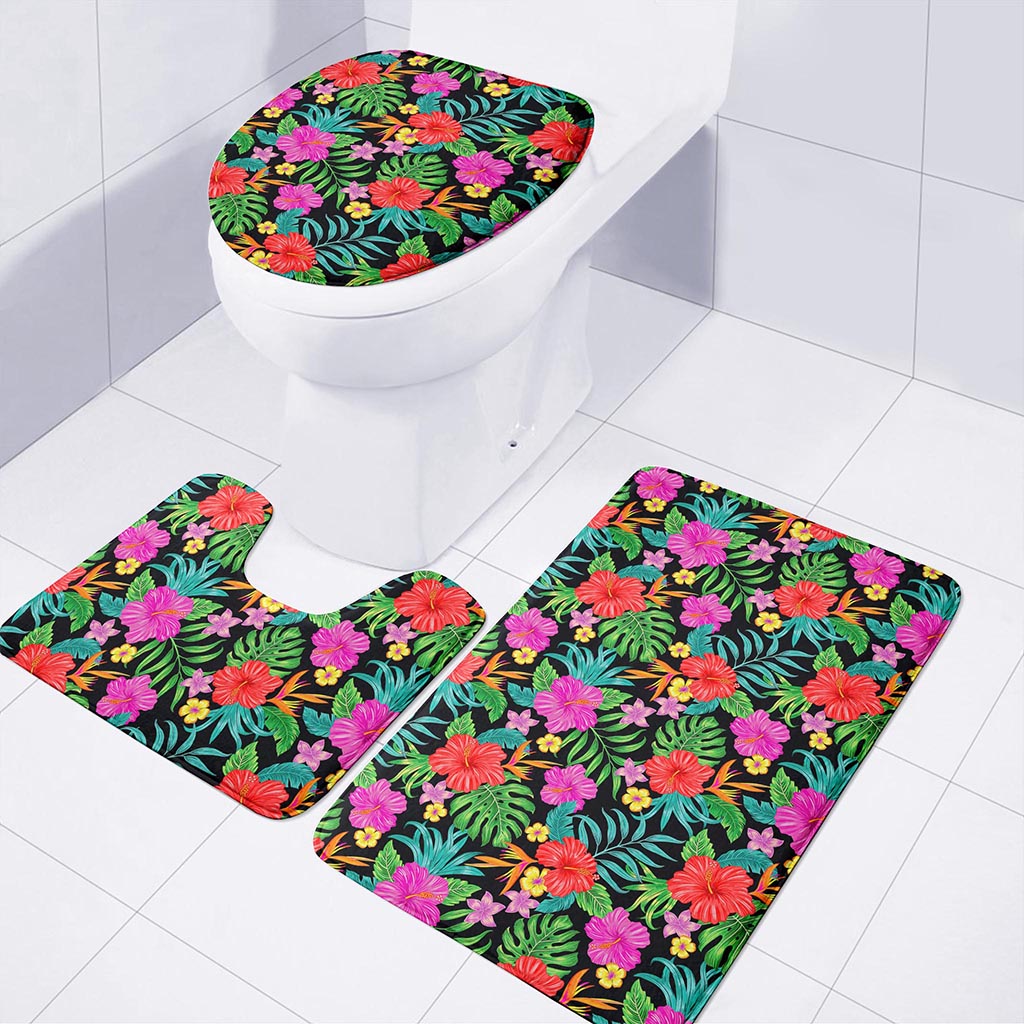 Colorful Hibiscus Flowers Pattern Print 3 Piece Bath Mat Set