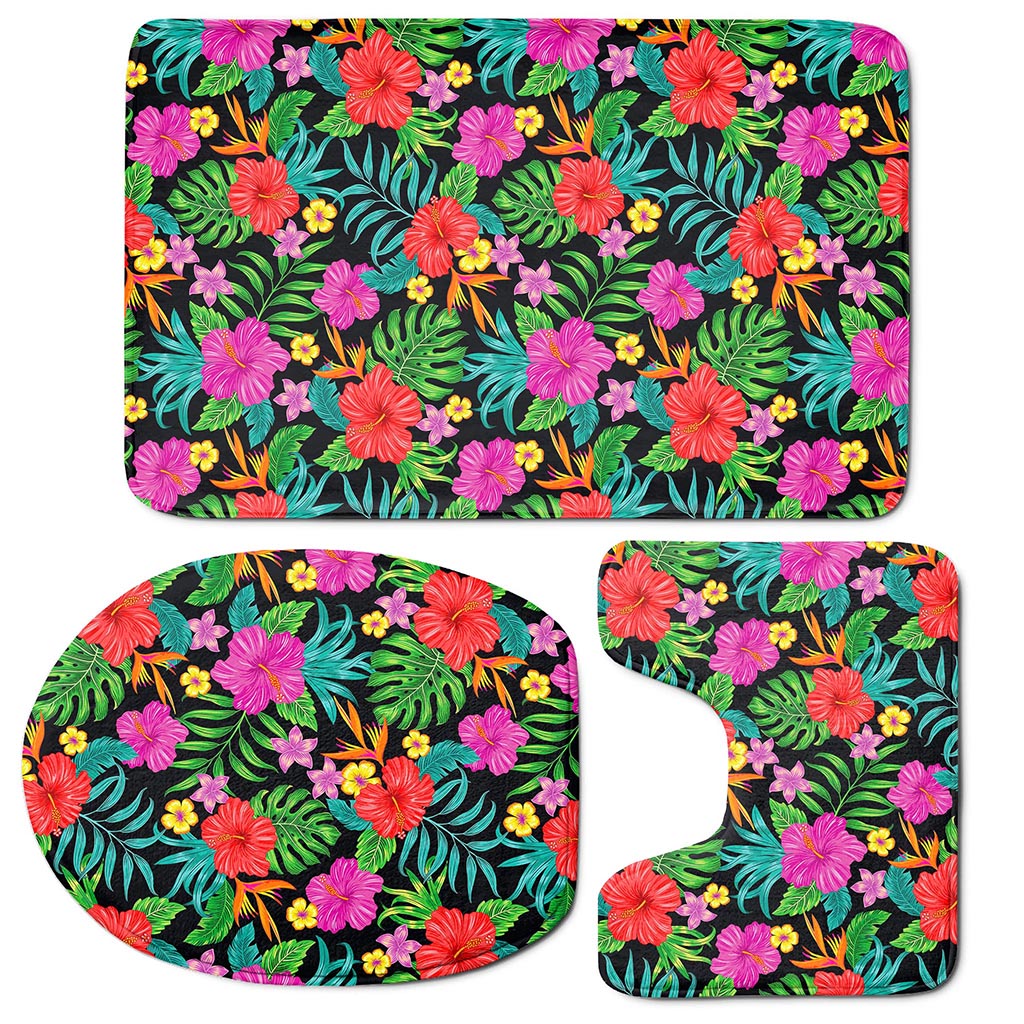 Colorful Hibiscus Flowers Pattern Print 3 Piece Bath Mat Set