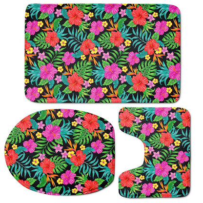 Colorful Hibiscus Flowers Pattern Print 3 Piece Bath Mat Set