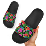 Colorful Hibiscus Flowers Pattern Print Black Slide Sandals