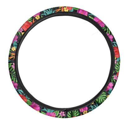 Colorful Hibiscus Flowers Pattern Print Car Steering Wheel Cover