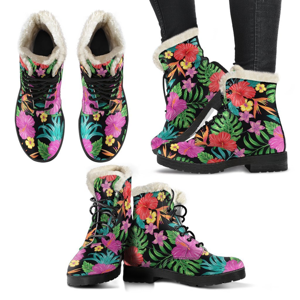 Colorful Hibiscus Flowers Pattern Print Comfy Boots GearFrost