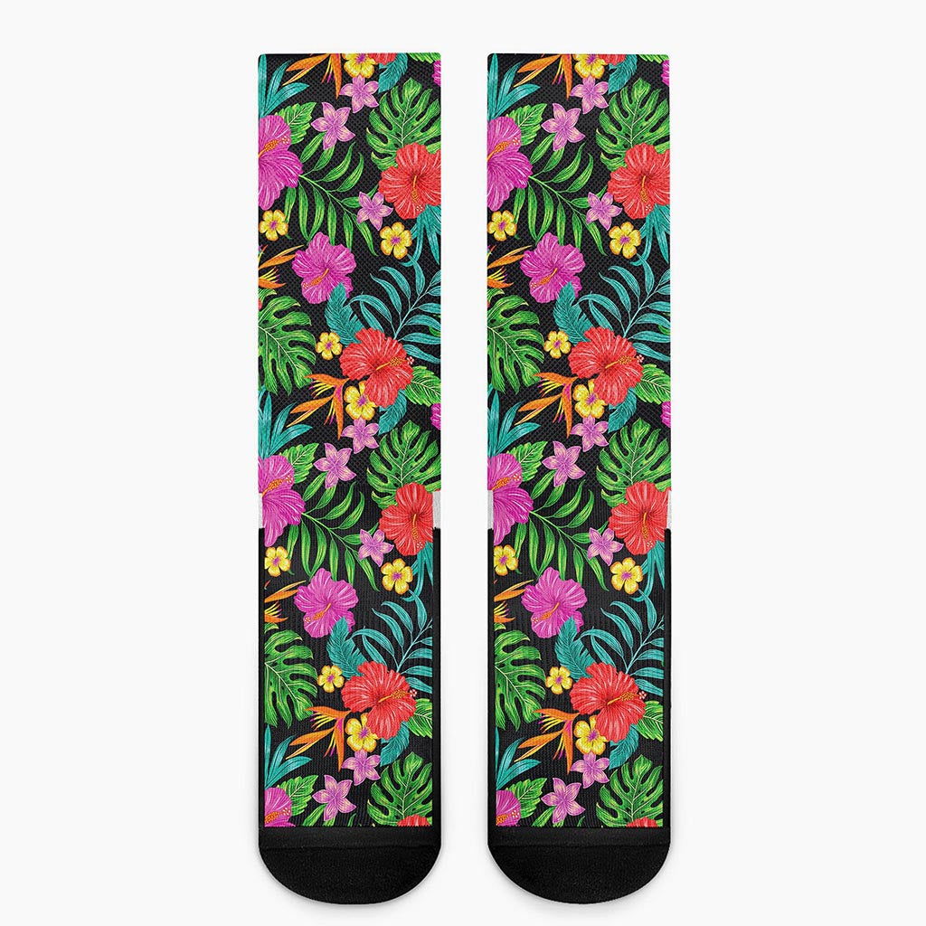 Colorful Hibiscus Flowers Pattern Print Crew Socks