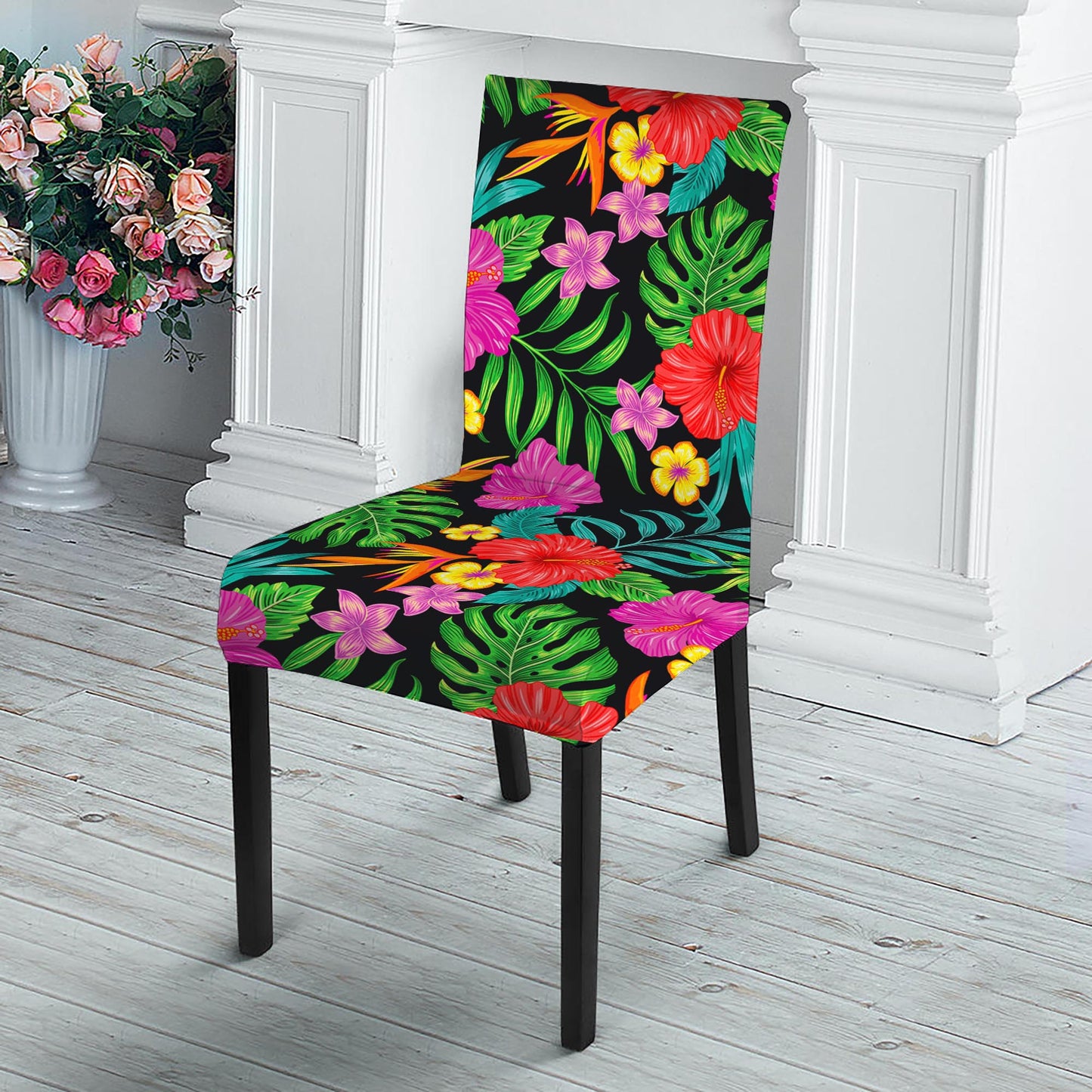 Colorful Hibiscus Flowers Pattern Print Dining Chair Slipcover