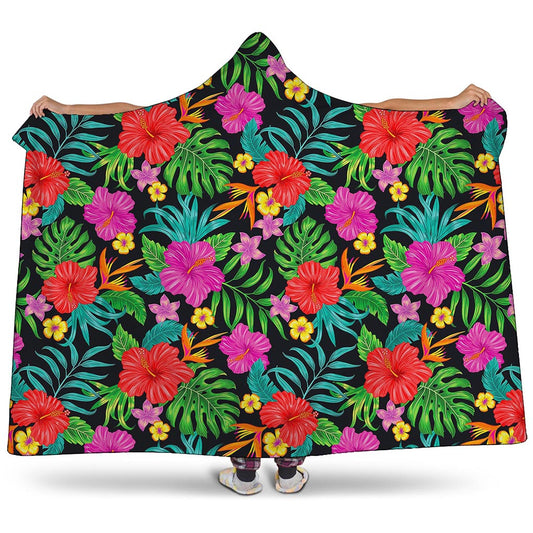 Colorful Hibiscus Flowers Pattern Print Hooded Blanket