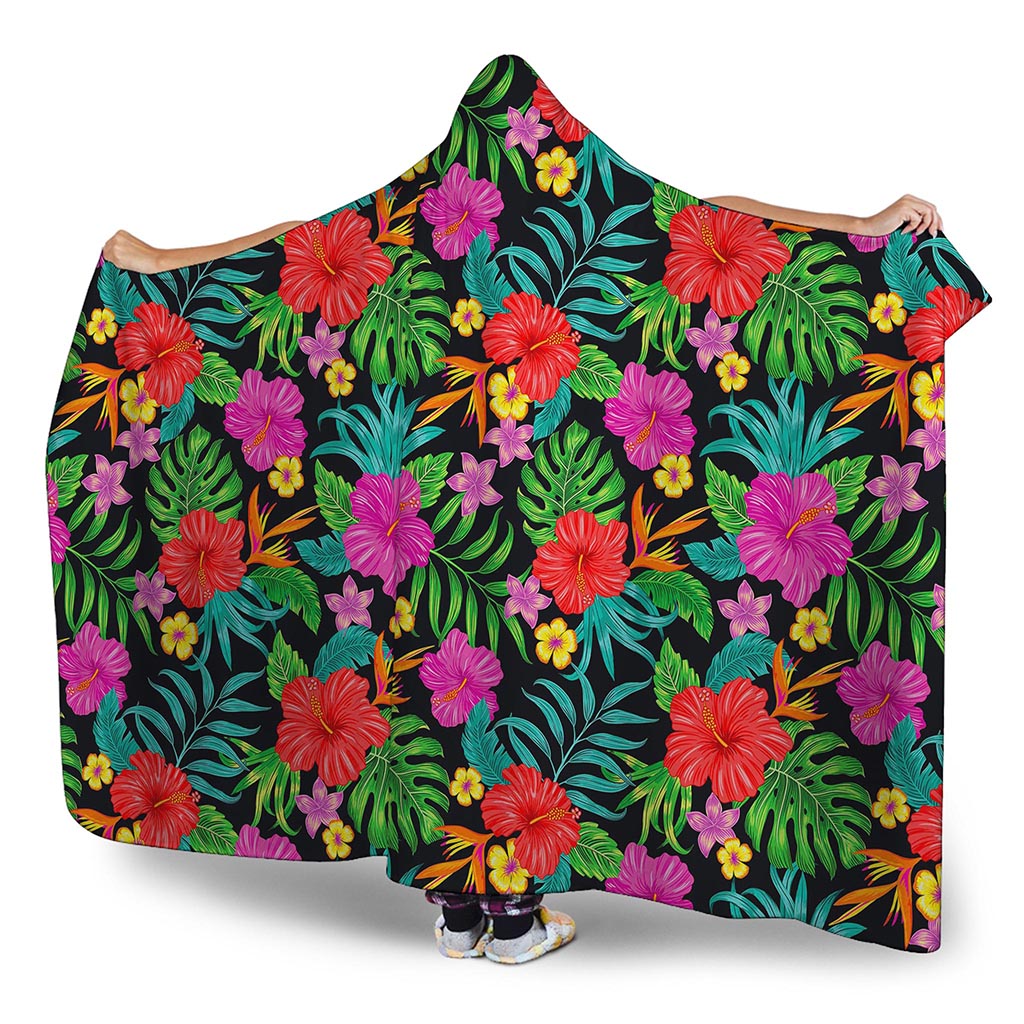 Colorful Hibiscus Flowers Pattern Print Hooded Blanket