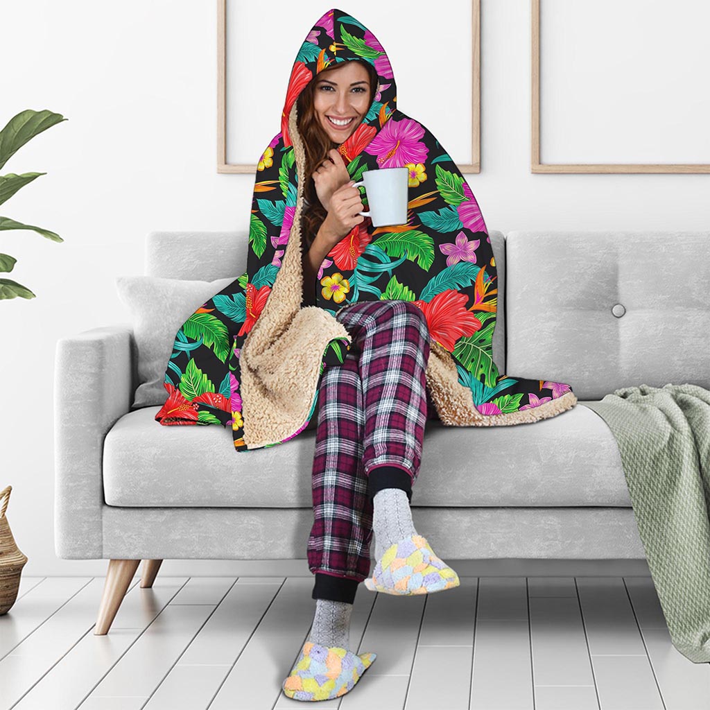 Colorful Hibiscus Flowers Pattern Print Hooded Blanket