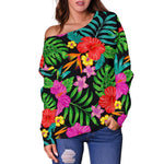 Colorful Hibiscus Flowers Pattern Print Off Shoulder Sweatshirt GearFrost