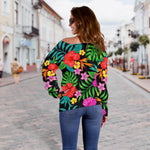 Colorful Hibiscus Flowers Pattern Print Off Shoulder Sweatshirt GearFrost