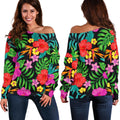 Colorful Hibiscus Flowers Pattern Print Off The Shoulder Sweatshirt