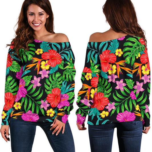 Colorful Hibiscus Flowers Pattern Print Off Shoulder Sweatshirt GearFrost