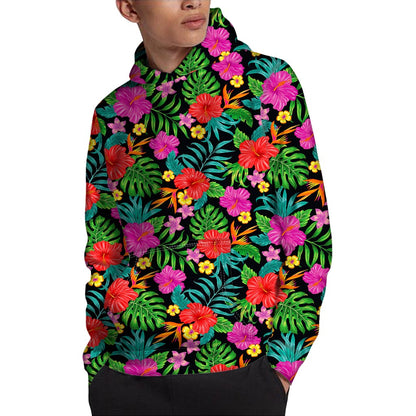 Colorful Hibiscus Flowers Pattern Print Pullover Hoodie