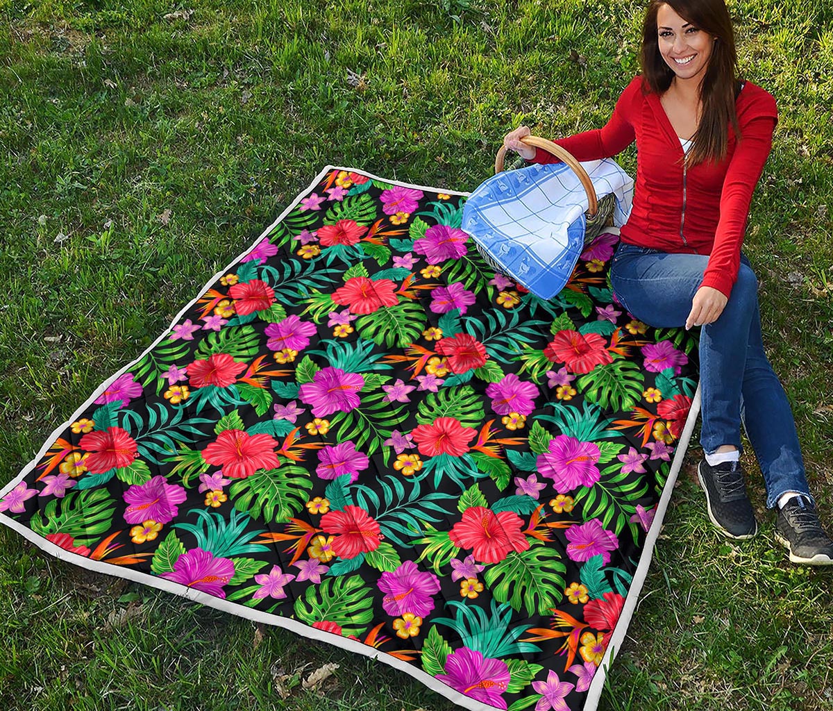 Colorful Hibiscus Flowers Pattern Print Quilt