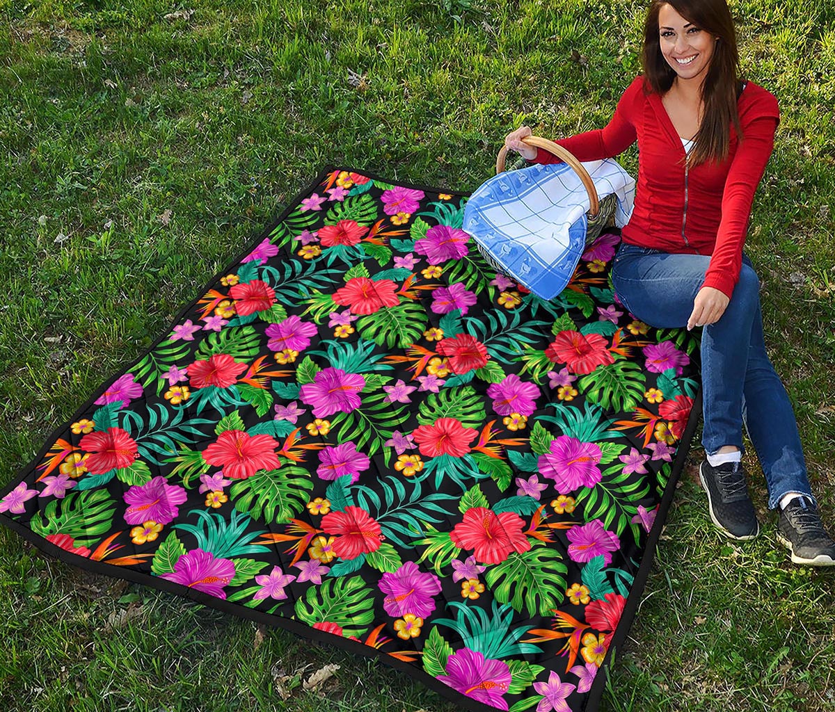 Colorful Hibiscus Flowers Pattern Print Quilt