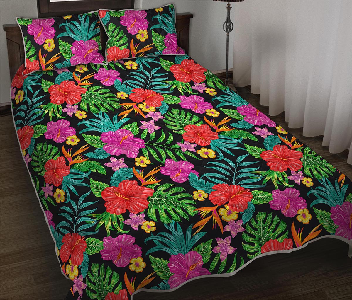 Colorful Hibiscus Flowers Pattern Print Quilt Bed Set