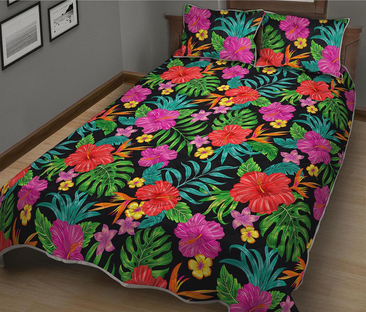 Colorful Hibiscus Flowers Pattern Print Quilt Bed Set