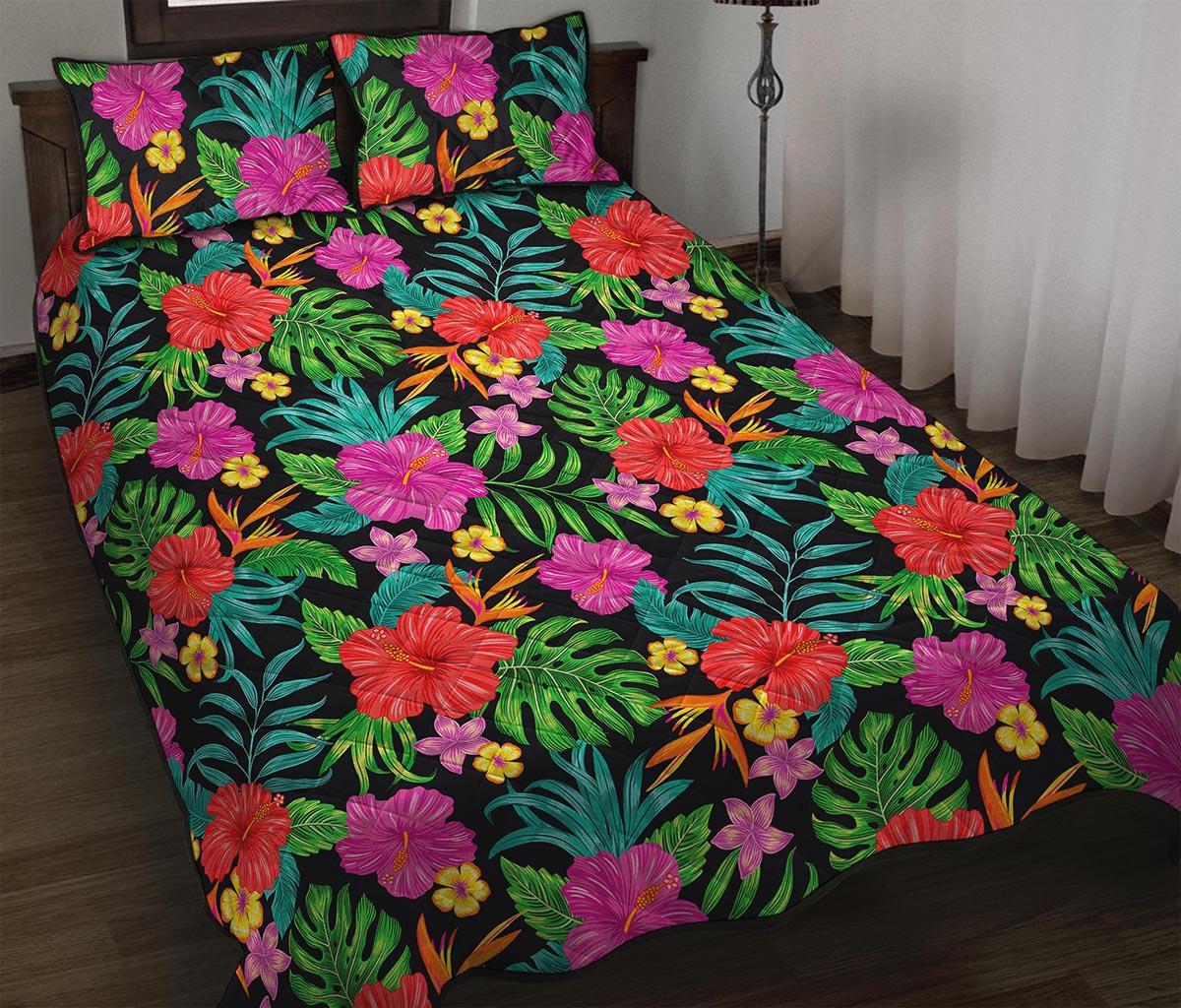 Colorful Hibiscus Flowers Pattern Print Quilt Bed Set