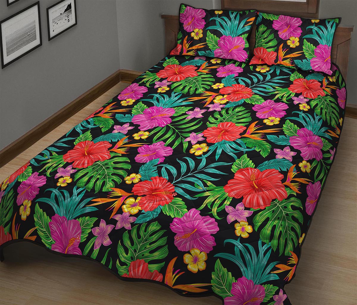 Colorful Hibiscus Flowers Pattern Print Quilt Bed Set