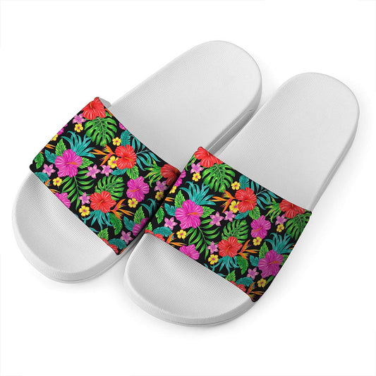 Colorful Hibiscus Flowers Pattern Print White Slide Sandals