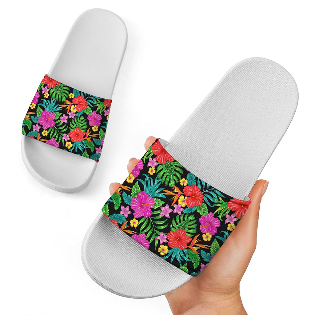 Colorful Hibiscus Flowers Pattern Print White Slide Sandals