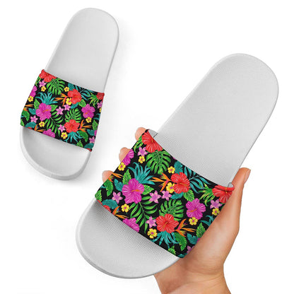 Colorful Hibiscus Flowers Pattern Print White Slide Sandals