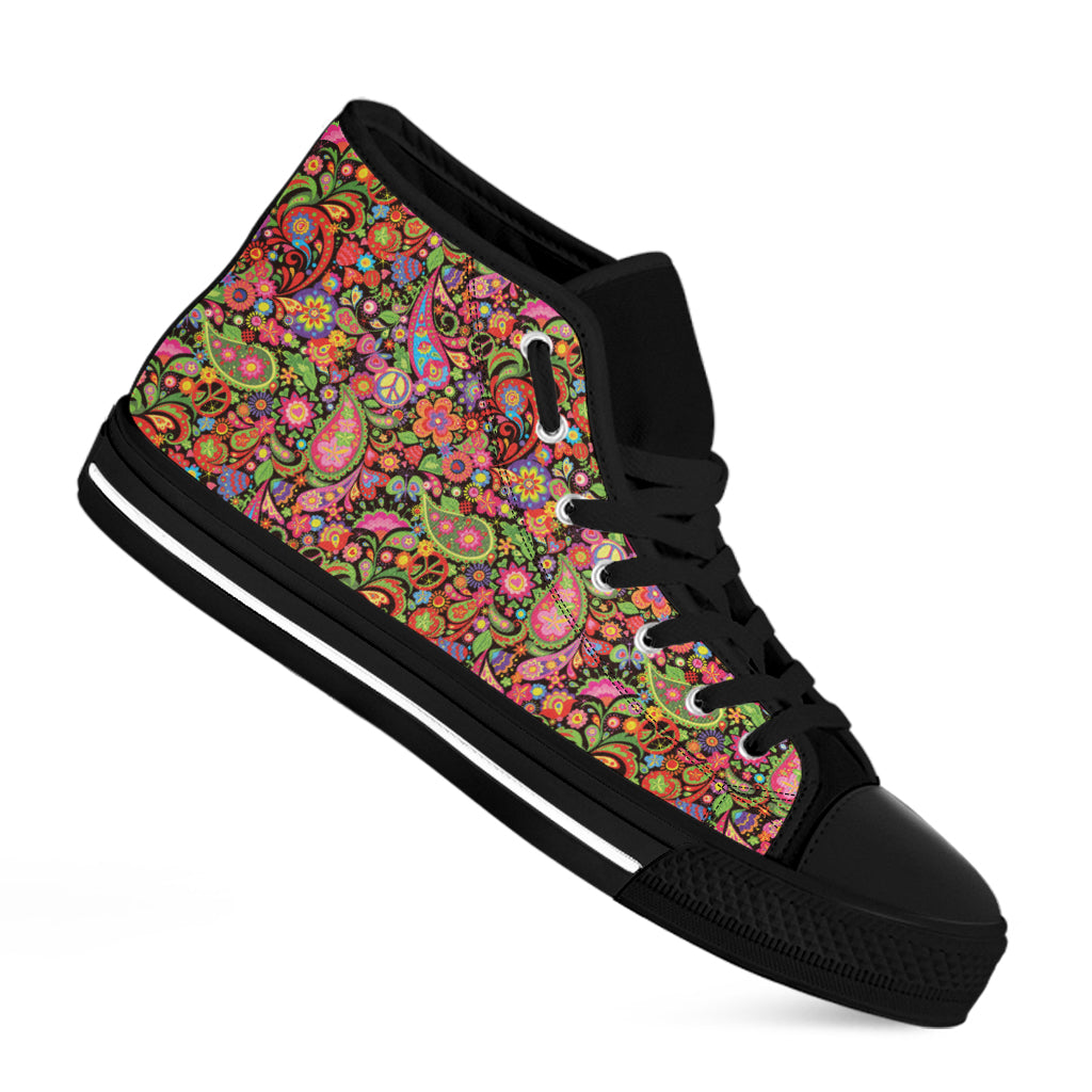 Colorful Hippie Peace Signs Print Black High Top Shoes