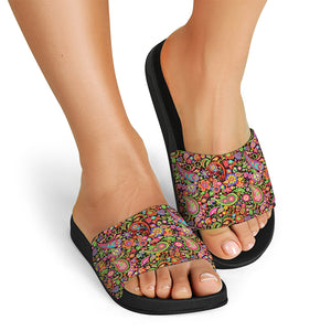 Colorful Hippie Peace Signs Print Black Slide Sandals