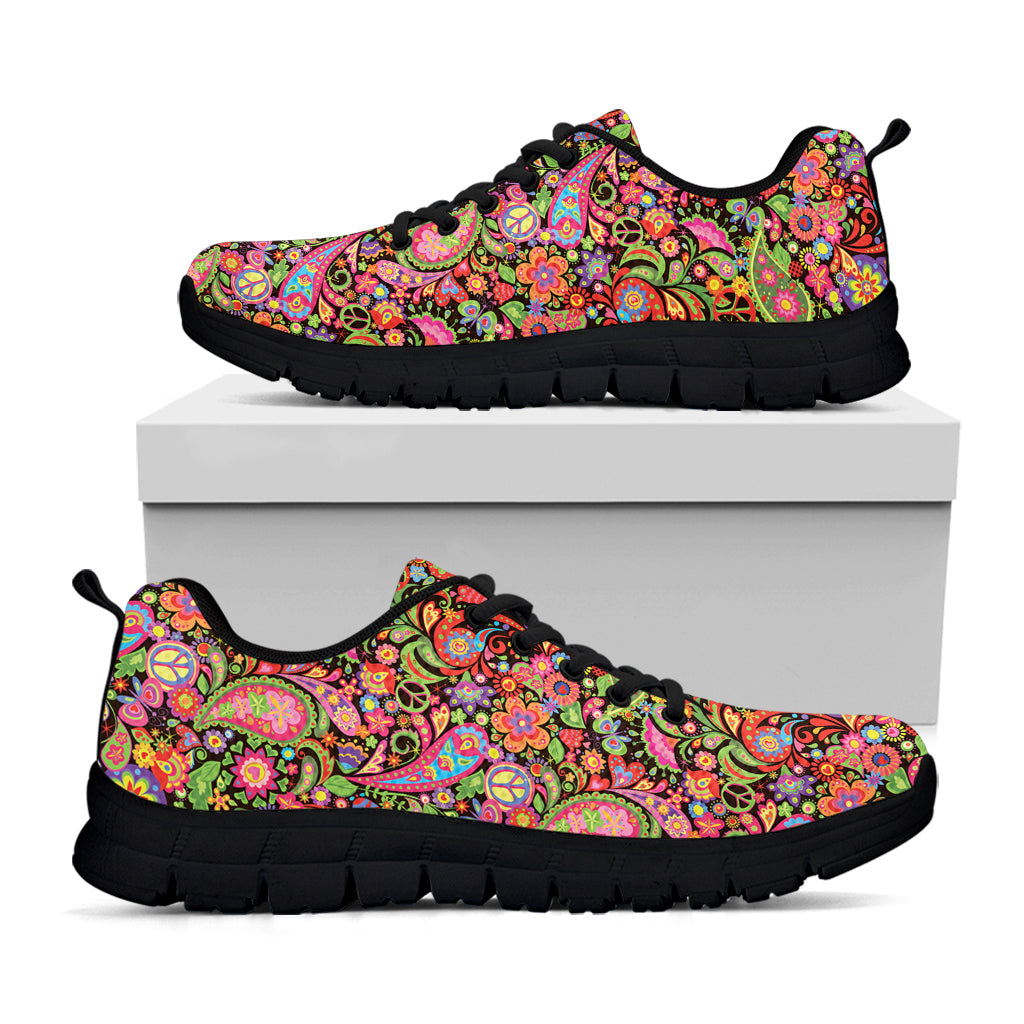 Colorful Hippie Peace Signs Print Black Sneakers