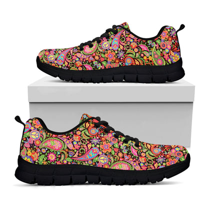 Colorful Hippie Peace Signs Print Black Sneakers