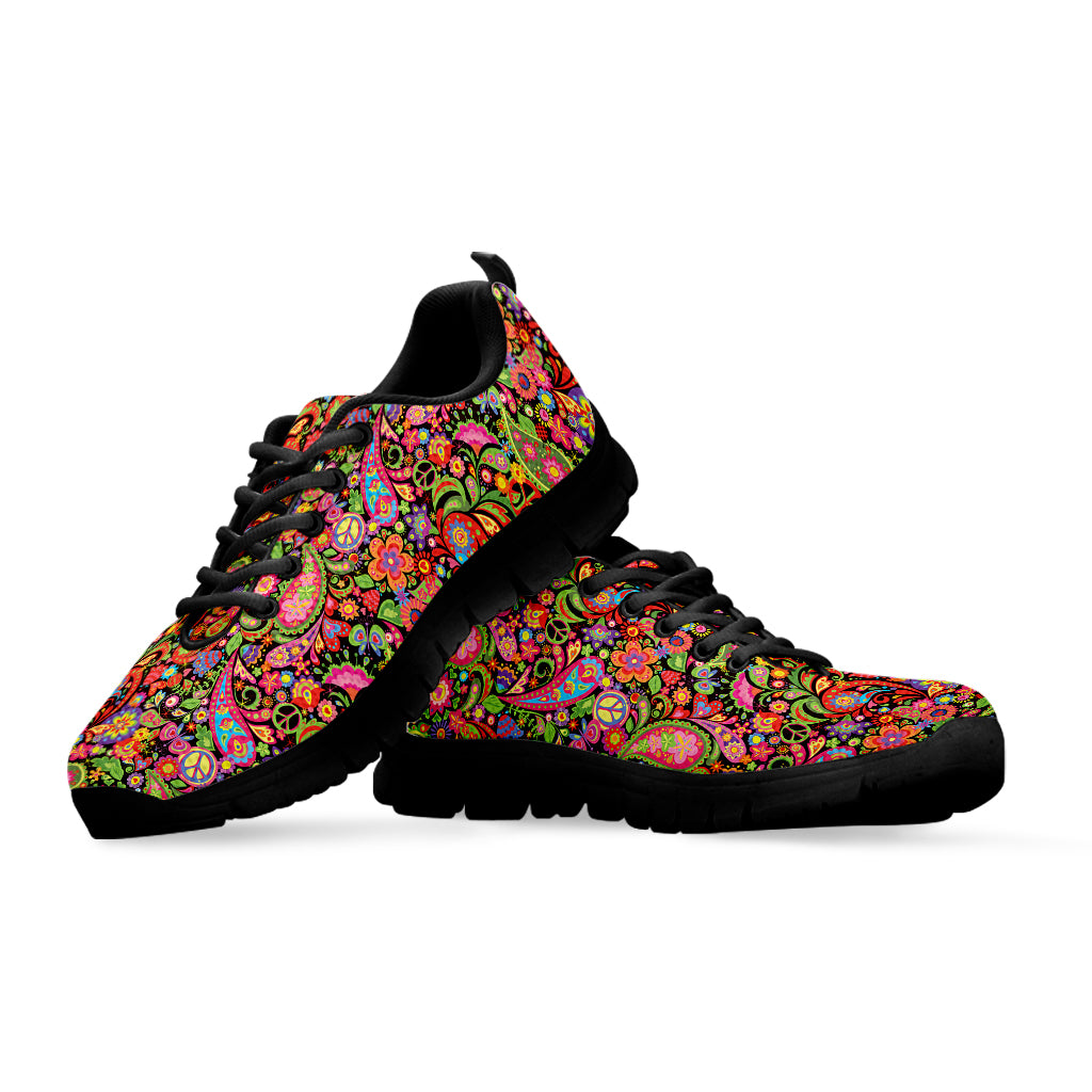 Colorful Hippie Peace Signs Print Black Sneakers