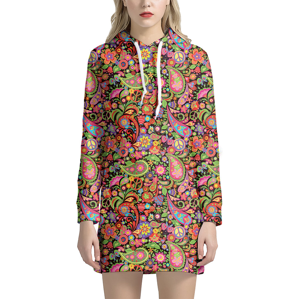 Colorful Hippie Peace Signs Print Hoodie Dress