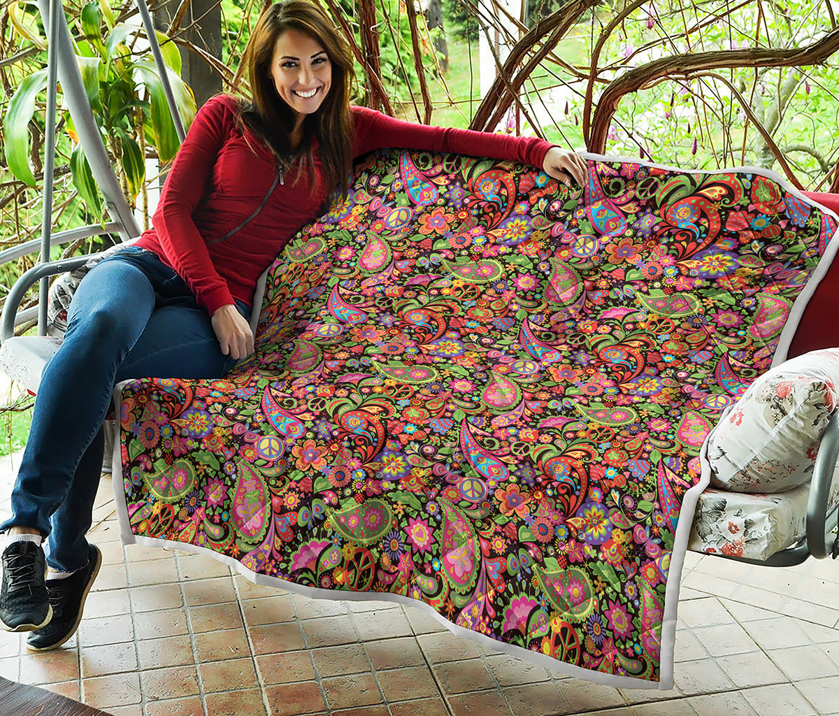 Colorful Hippie Peace Signs Print Quilt