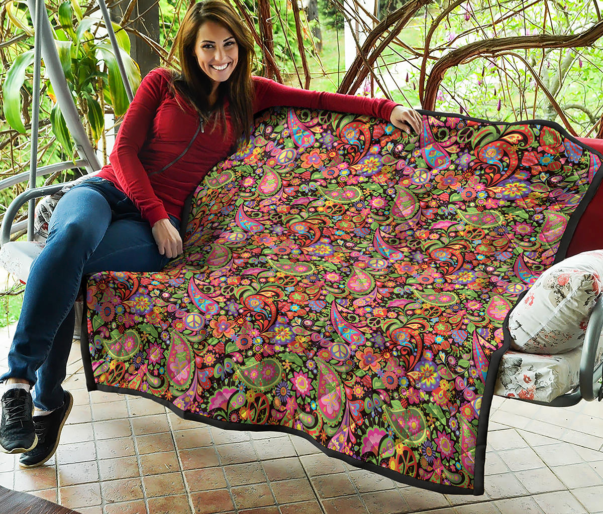 Colorful Hippie Peace Signs Print Quilt