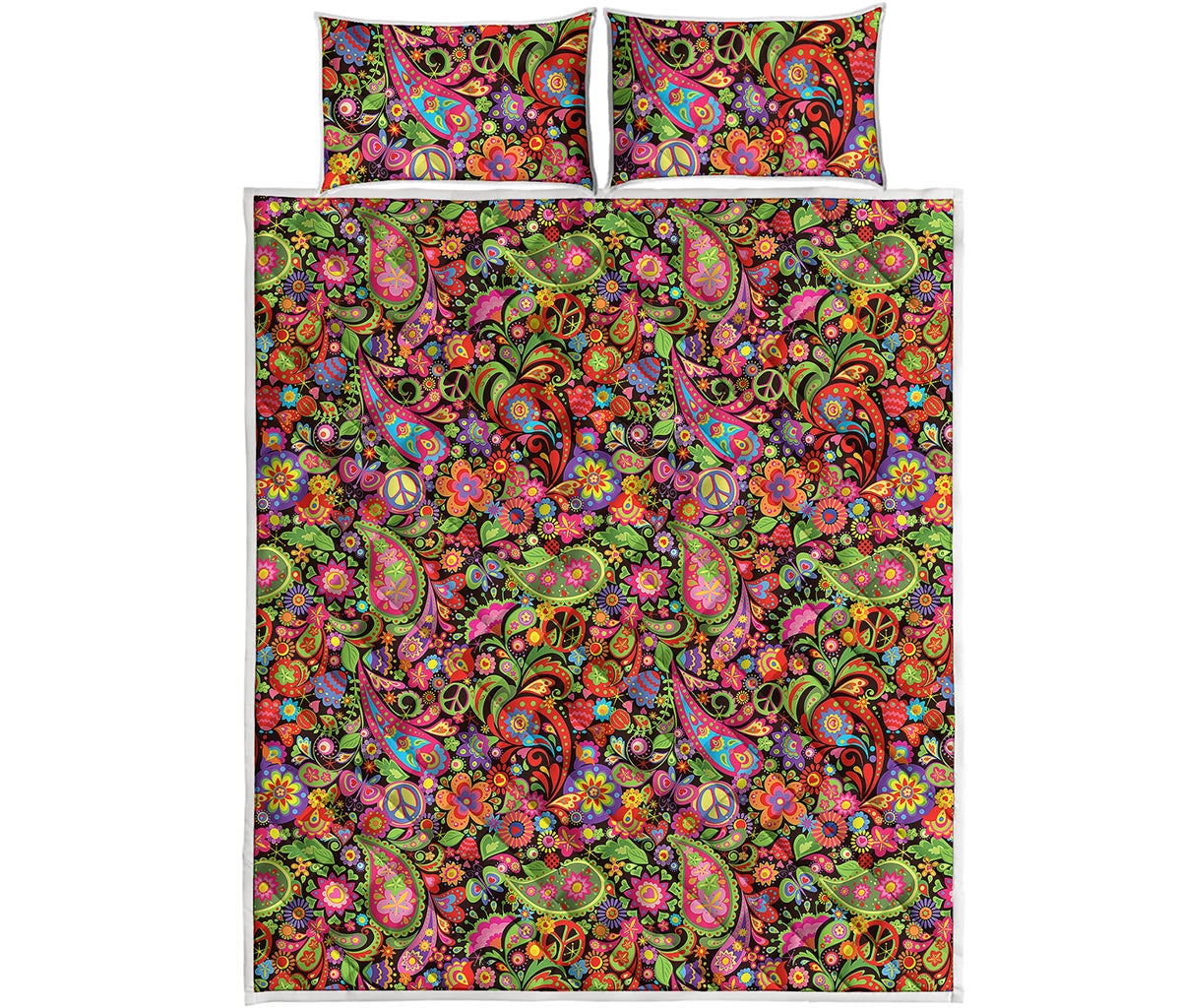 Colorful Hippie Peace Signs Print Quilt Bed Set