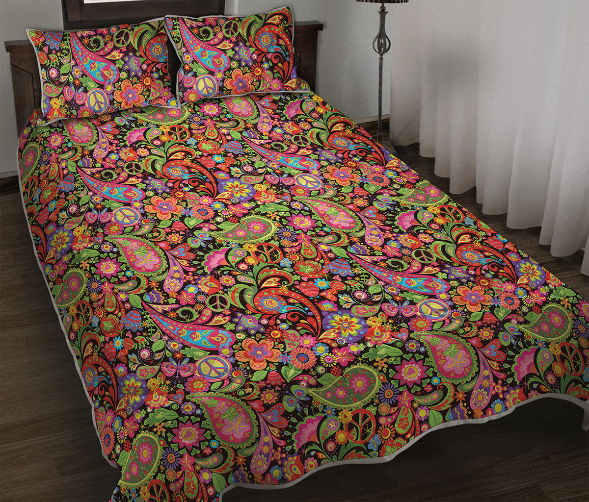 Colorful Hippie Peace Signs Print Quilt Bed Set