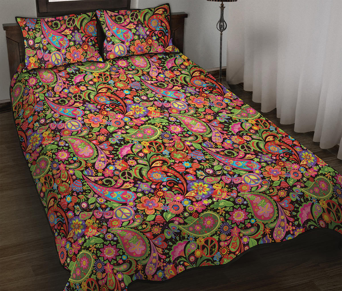 Colorful Hippie Peace Signs Print Quilt Bed Set