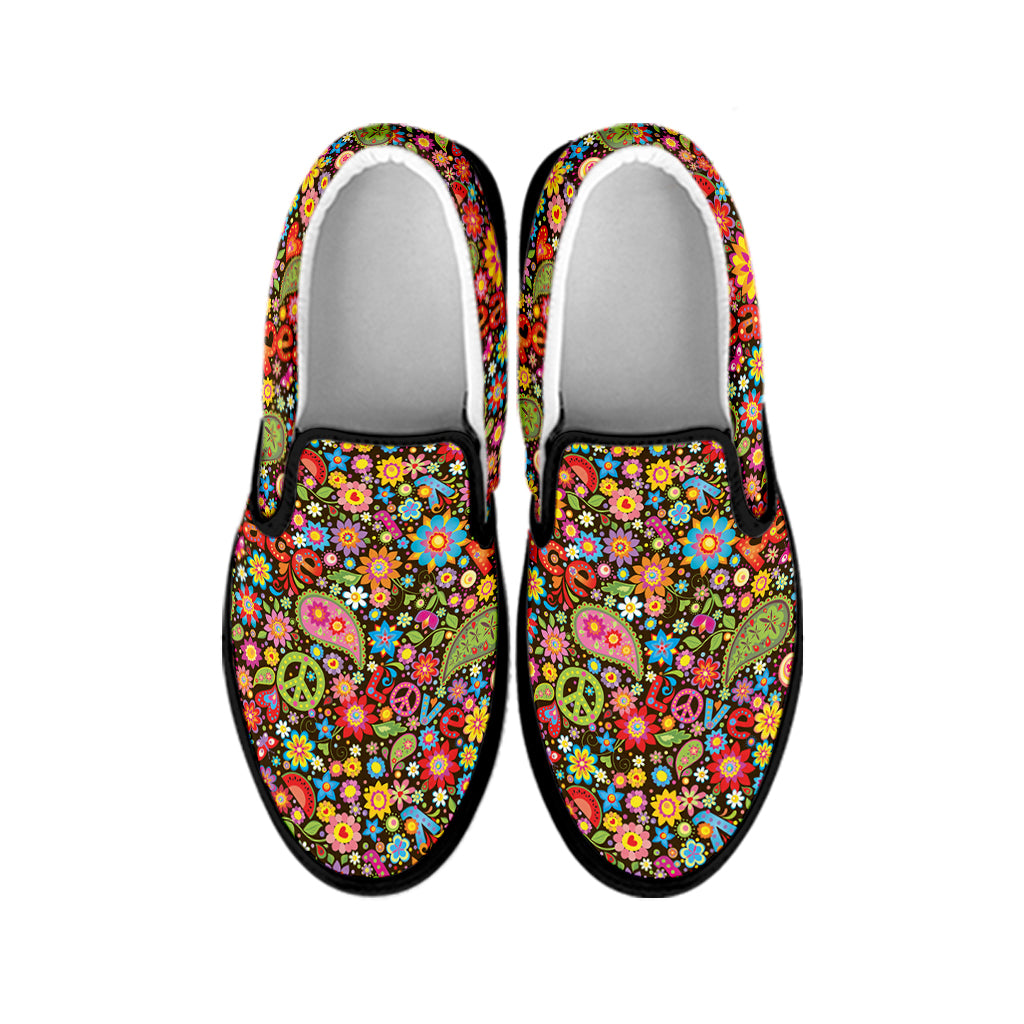 Colorful Hippie Peace Symbols Print Black Slip On Shoes