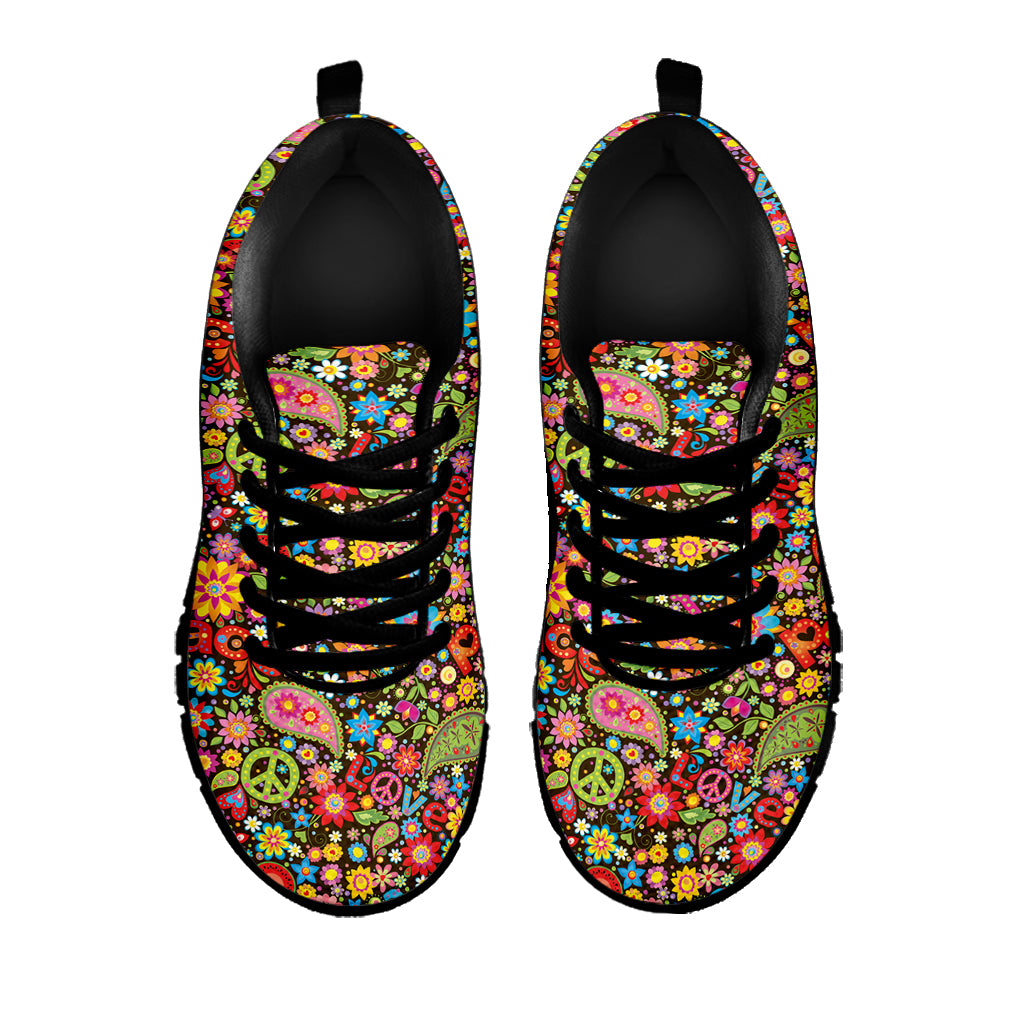 Colorful Hippie Peace Symbols Print Black Sneakers