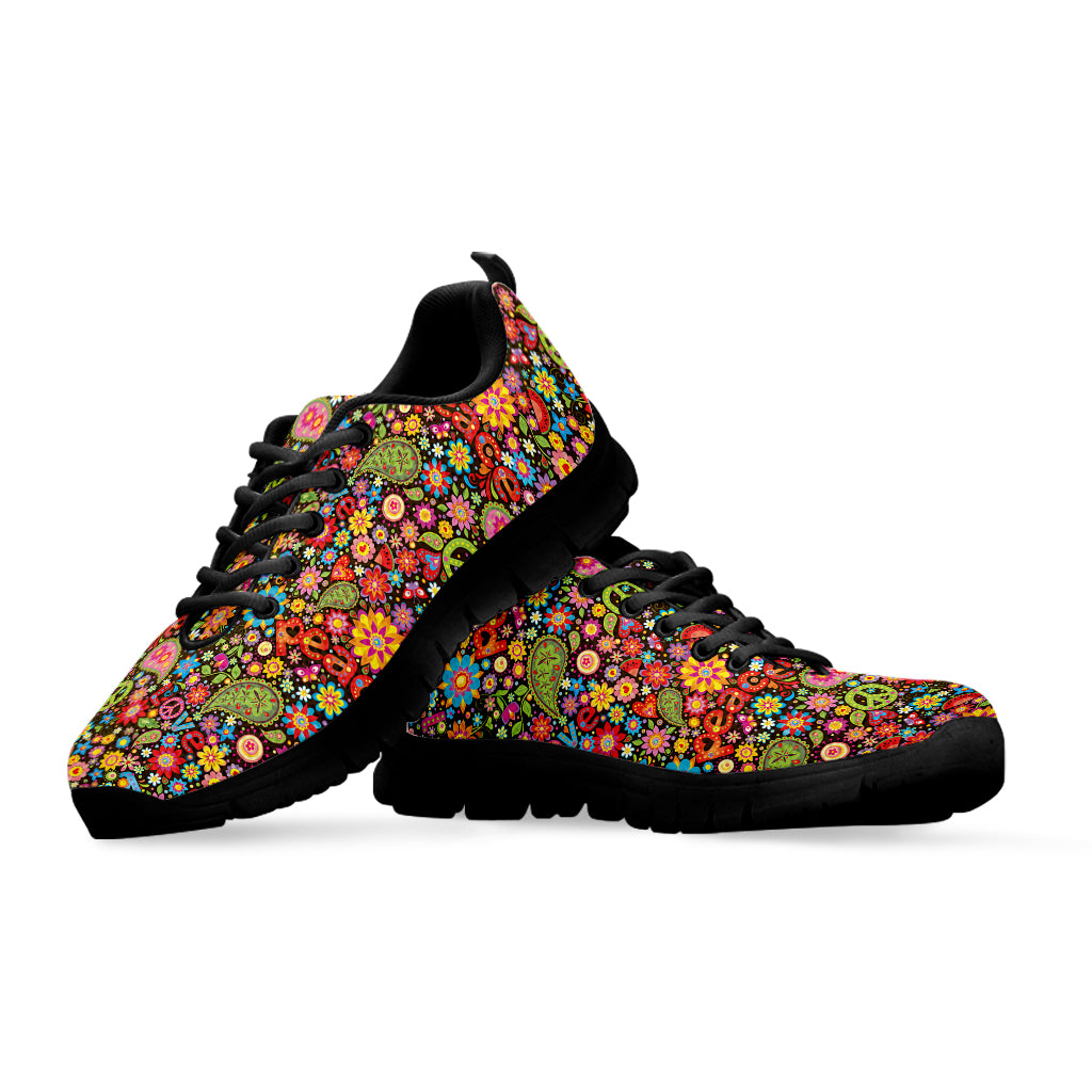 Colorful Hippie Peace Symbols Print Black Sneakers