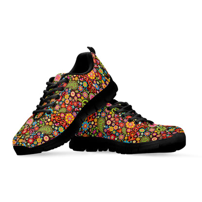 Colorful Hippie Peace Symbols Print Black Sneakers